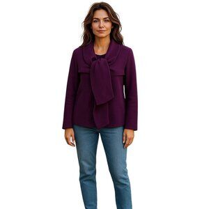 Oscar de la Renta Wool Jacket Cardigan Tie Neck Ruffle Purple Womens 14